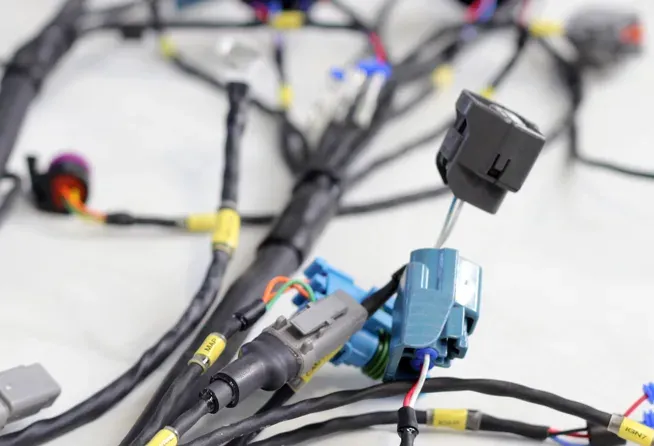 Uitgebouwde kabelboom met genummerde connectoren, klaar voor motorsport-bedrading.